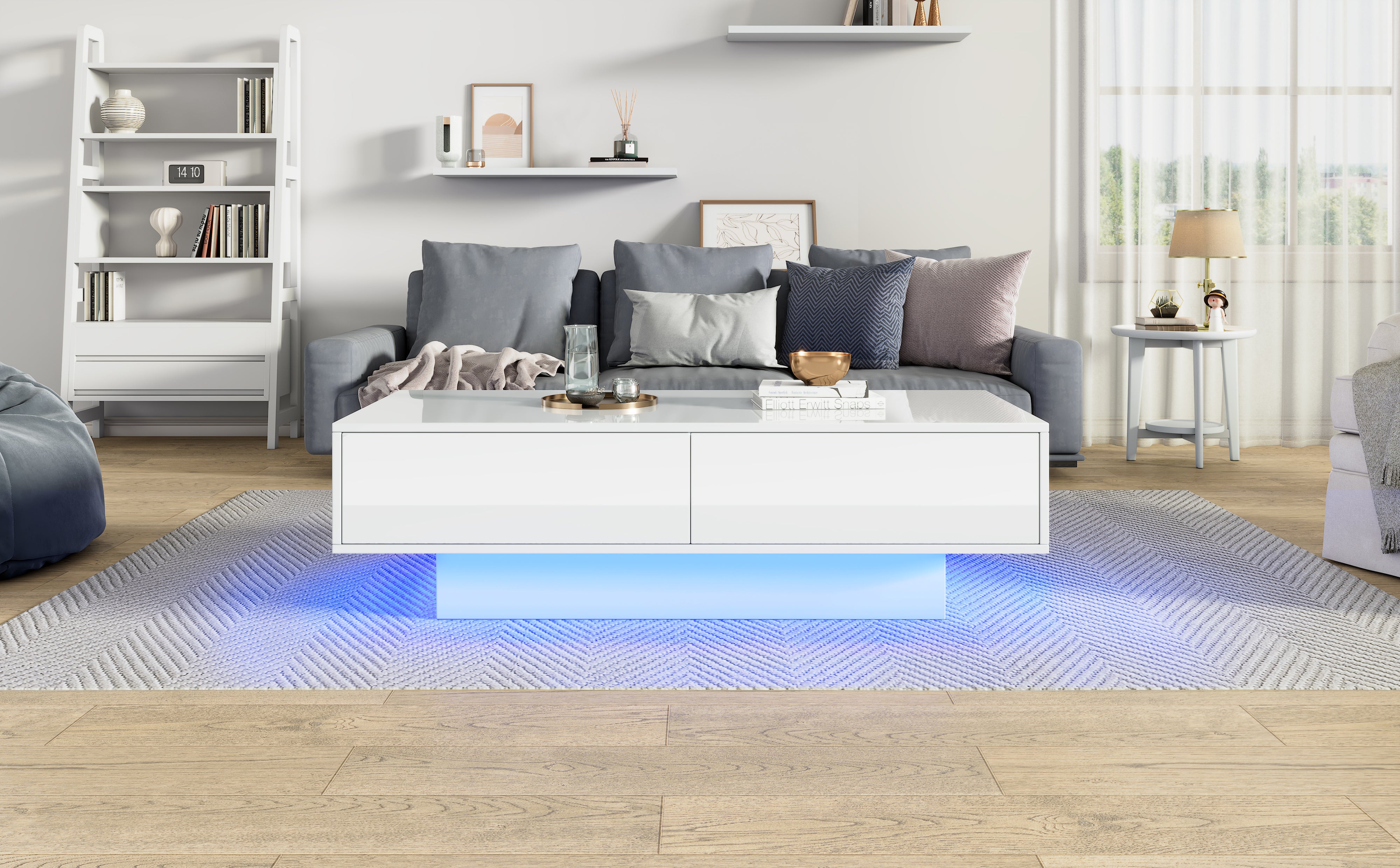 Table basse moderne laquée blanche brillante, 115 x 55 x 34 cm, avec 2 tiroirs, éclairage LED– Élégante table de salon - 7