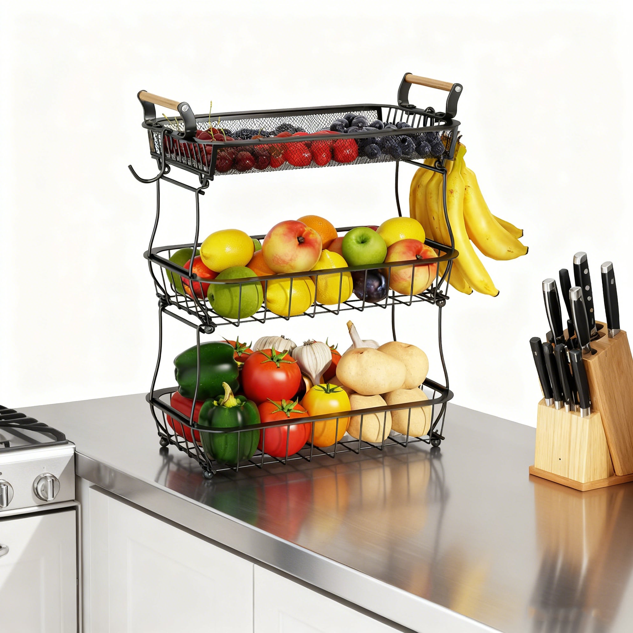 Set 2 cesti frutta 3 piani con supporto per banane, organizer metallico per verdura e frutta, ideale per cucina e conservazione - 6