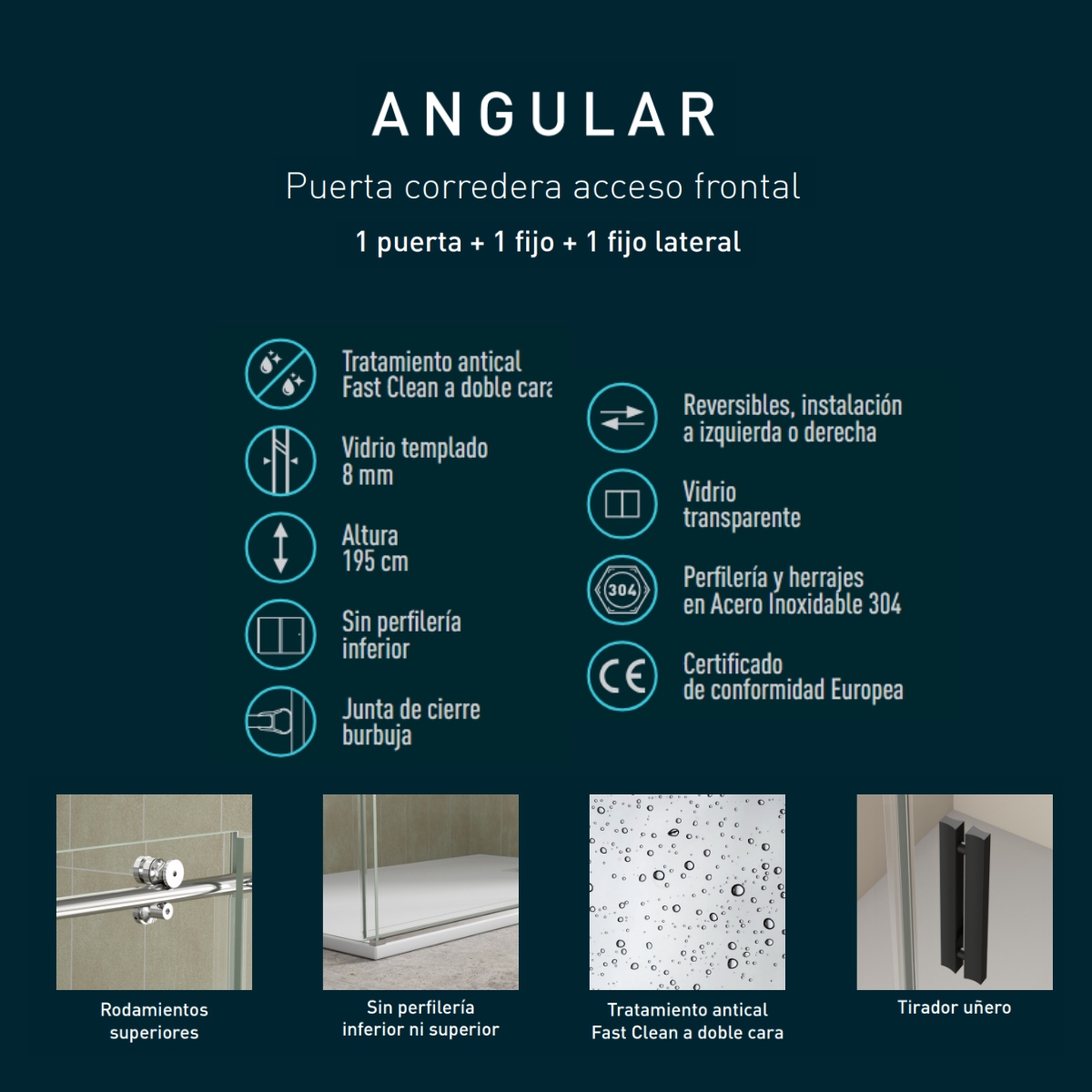 Mampara Ducha Rectangularl Frontal Frente 1 Puerta 2 Fijos Corredera | Altura 195cm Transparente | Perfil Negro Mate Frente 100cm Lateral 70 cm - 5