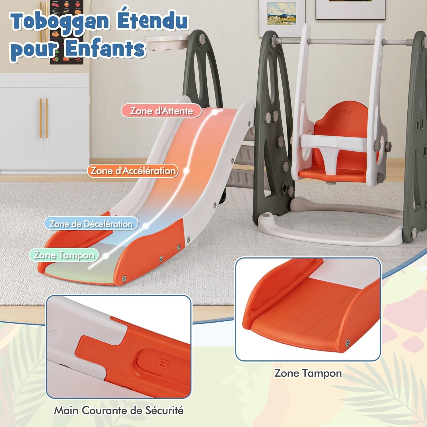 4 in 1 Parco Giochi per Bambini, Set di Scivolo con Arrampicata Altalena Regolabile in Altezza Scivolo e Canestro da Basket, per Bambini 18 Me - 4