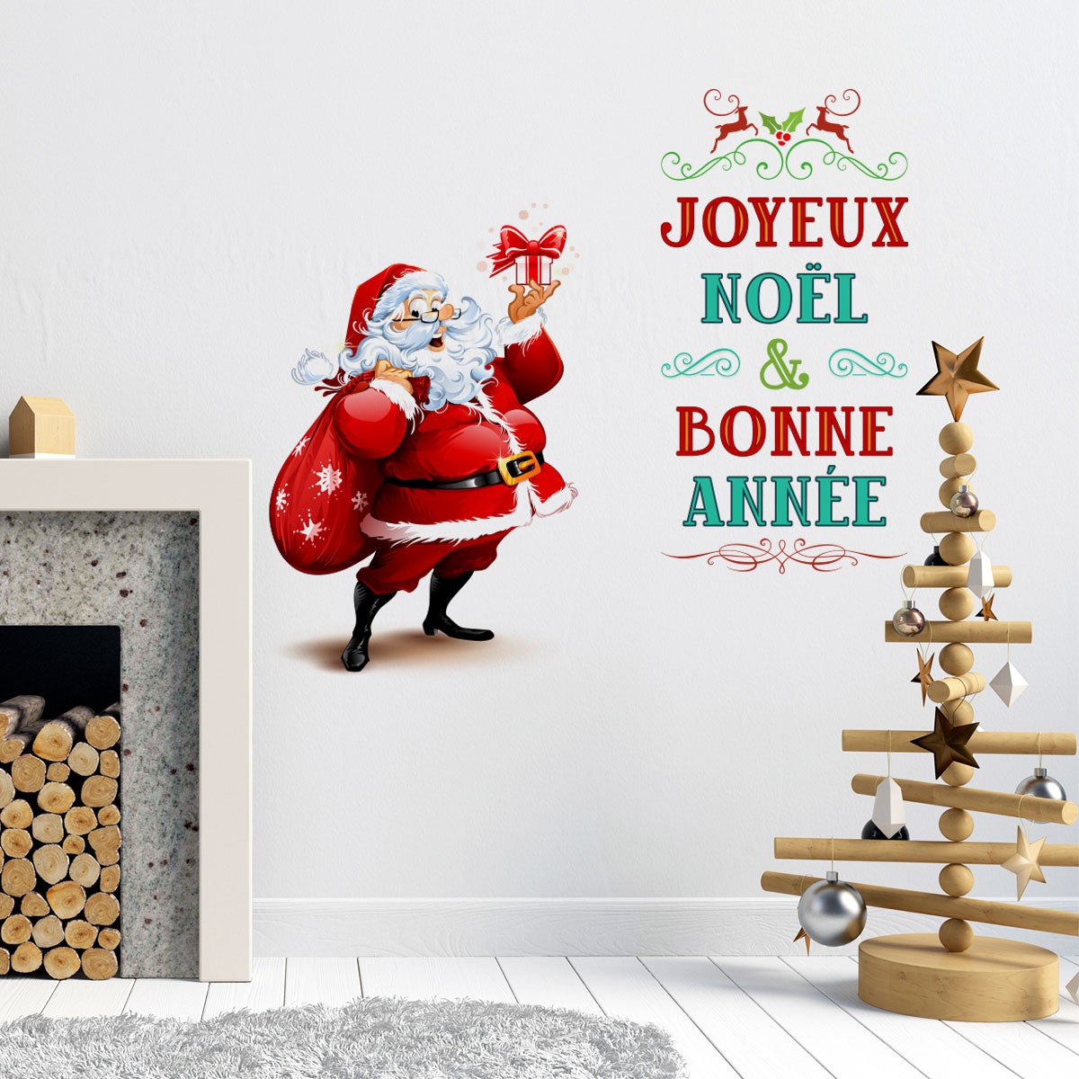 Sticker Noël père noël joyeux noël et bonne année - Autocollants stickers adhésifs noël - décoration fêtes - 80x95cm - 5
