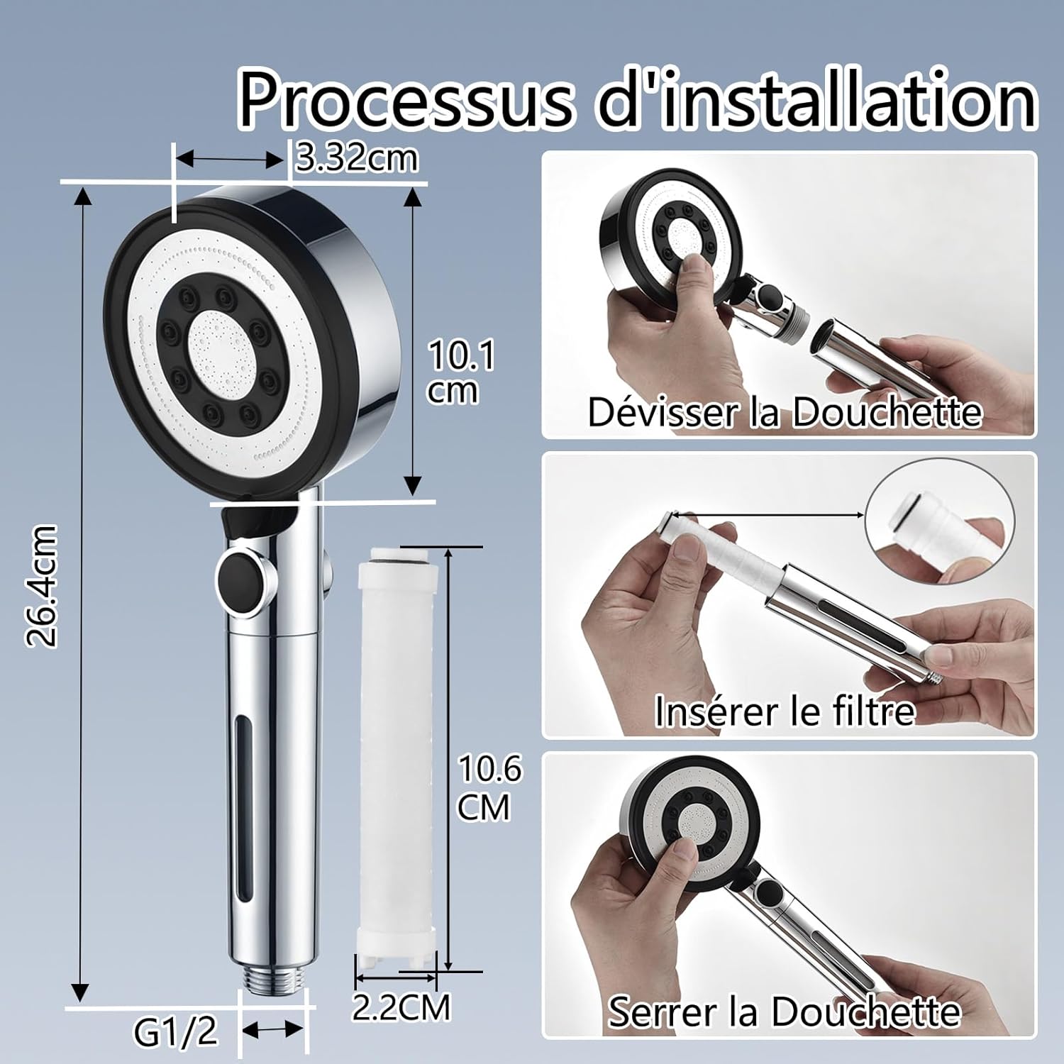 Pommeau de douche avec 3 filtres PP anticalcaire haute pression, pommeau de douche de salle de bain avec 5 modes de jet, (sans flexible ni support) - 6