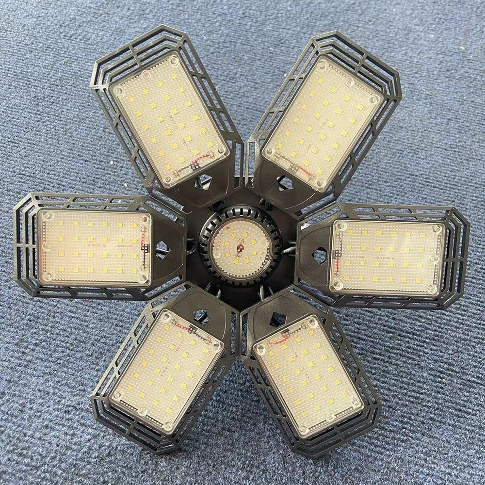 Biała lampa LED do garażu z 6 odkształcalnymi panelami, sufitowe lampy garażowe do piwnicy, E27 do garażu, magazynu, sklepu, piwnicy