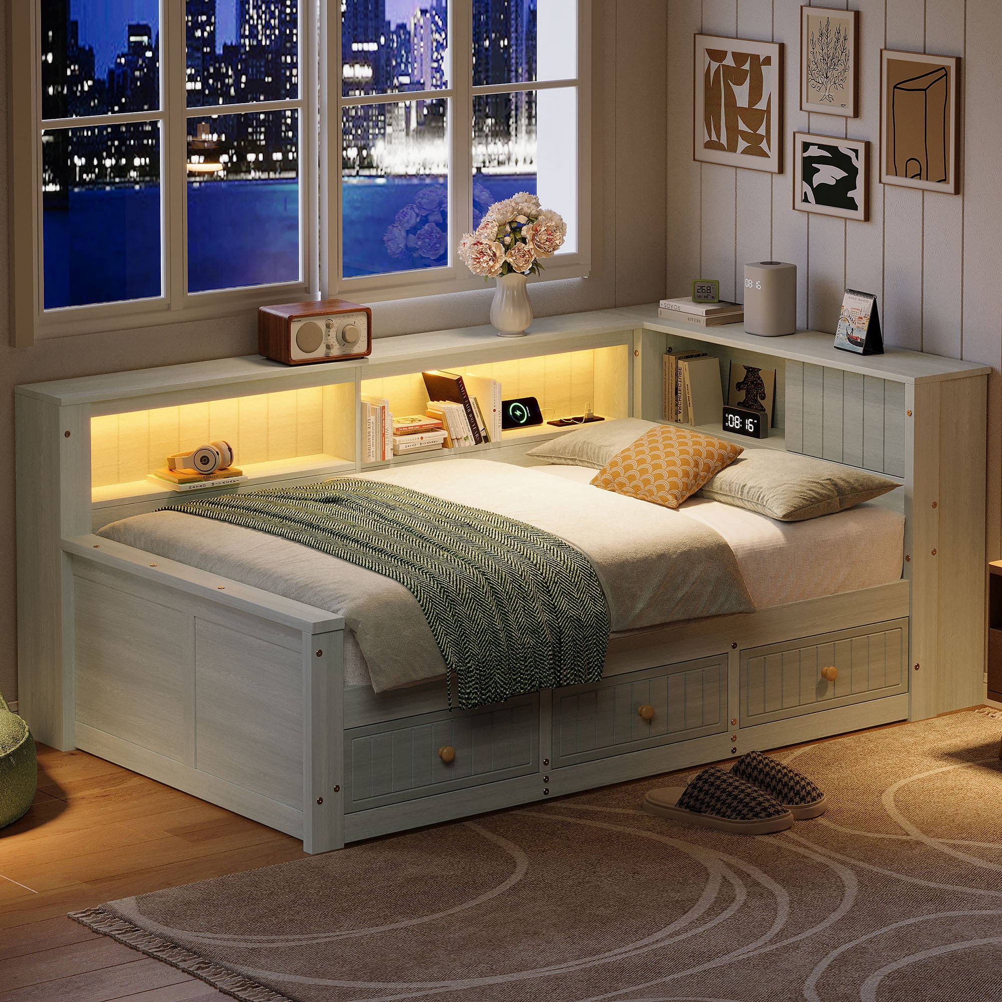 Łóżko dziecięce 90 x 200 cm z przegródkami i 3 szufladami - MDF + sklejka - LED - Szare (materac nie jest wliczony w cenę)