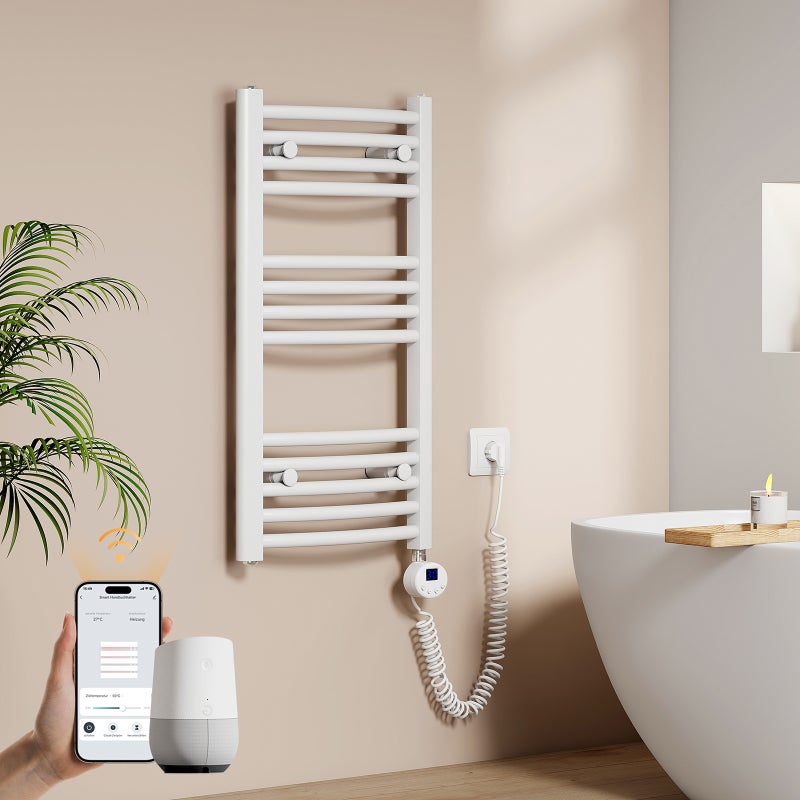 EMKE Grzejnik elektryczny łazienkowy Wygięta 75x40cm - Inteligentne Sterowanie z Programatorem Tygodniowym w Aplikacji - 246W - Biały