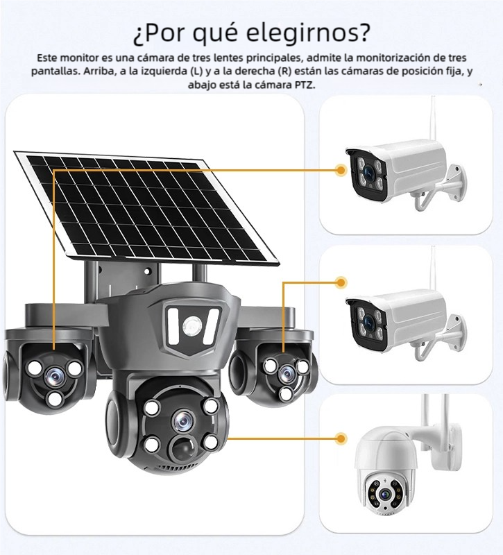 Caméra de Surveillance Solaire WiFi Extérieure 4MP à 3 Objectifs, Vision Nocturne, Détection Humaine IA, 360°, IP66 - 8