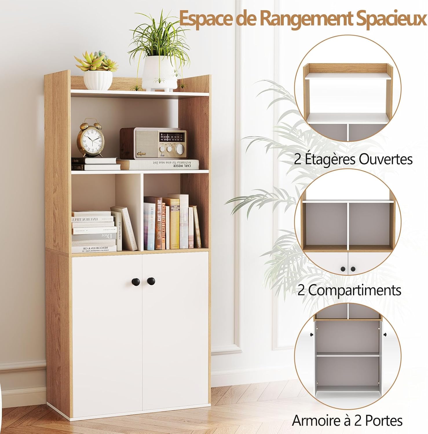 Estante, roupeiro de duas portas com prateleira aberta, dispositivo anti-inclinação, 60x30x140cm - 5