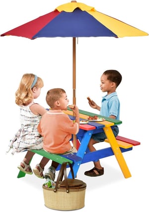 Table de Pique-Nique Coloree, Table de Jardin en Bois pour Enfants avec Parasol en 3 Couleurs H140 X Ø 120 CM