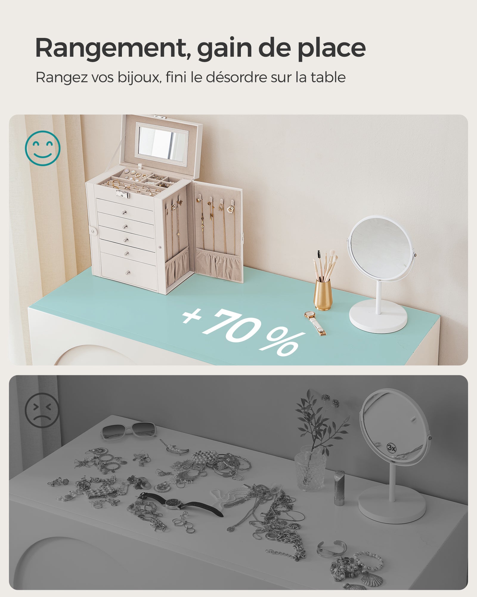 Boîte à Bijoux, Grand, 6 Niveaux avec Ailes, tiroirs, Miroir et Fermoir, Blanc - 7