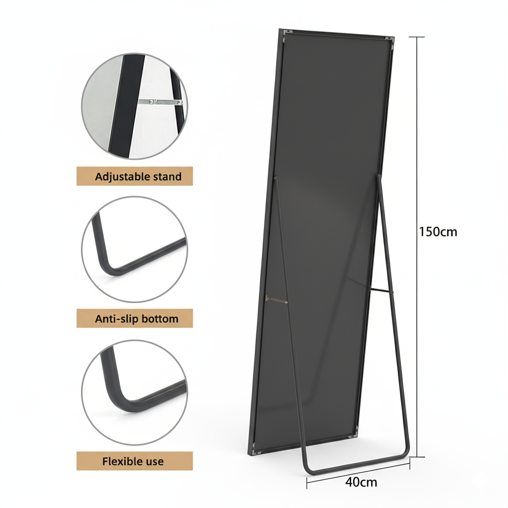 Miroir sur Pied Rectangle -150x40cm - Cadre en Métal - Miroir HD Grand - Noir - 4