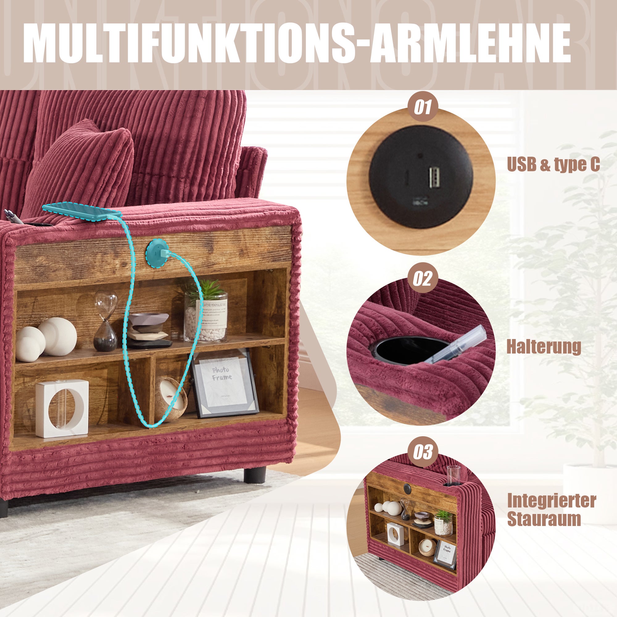 Canapé multifonctionnel en velours côtelé - Rangement + Lit pliant + USB-C + Éclairage d'ambiance + Porte-gobelet (Salon/Chambre d'amis) - 6