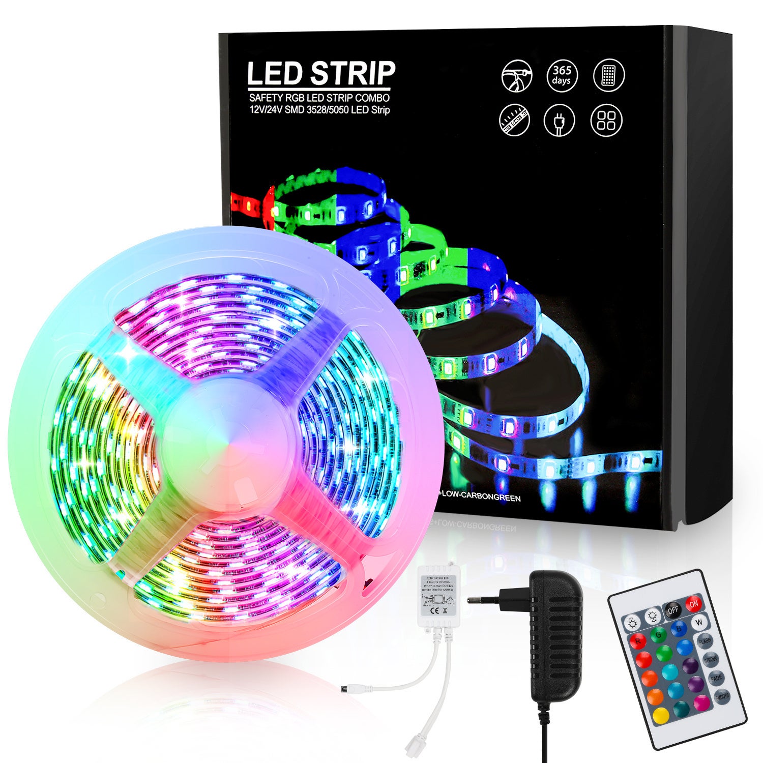 Taśma LED 5M 5050 SMD RGB, 150 diod LED z 24-klawiszowym pilotem + zasilacz 12 V do montażu na ścianie tylnej imprezy