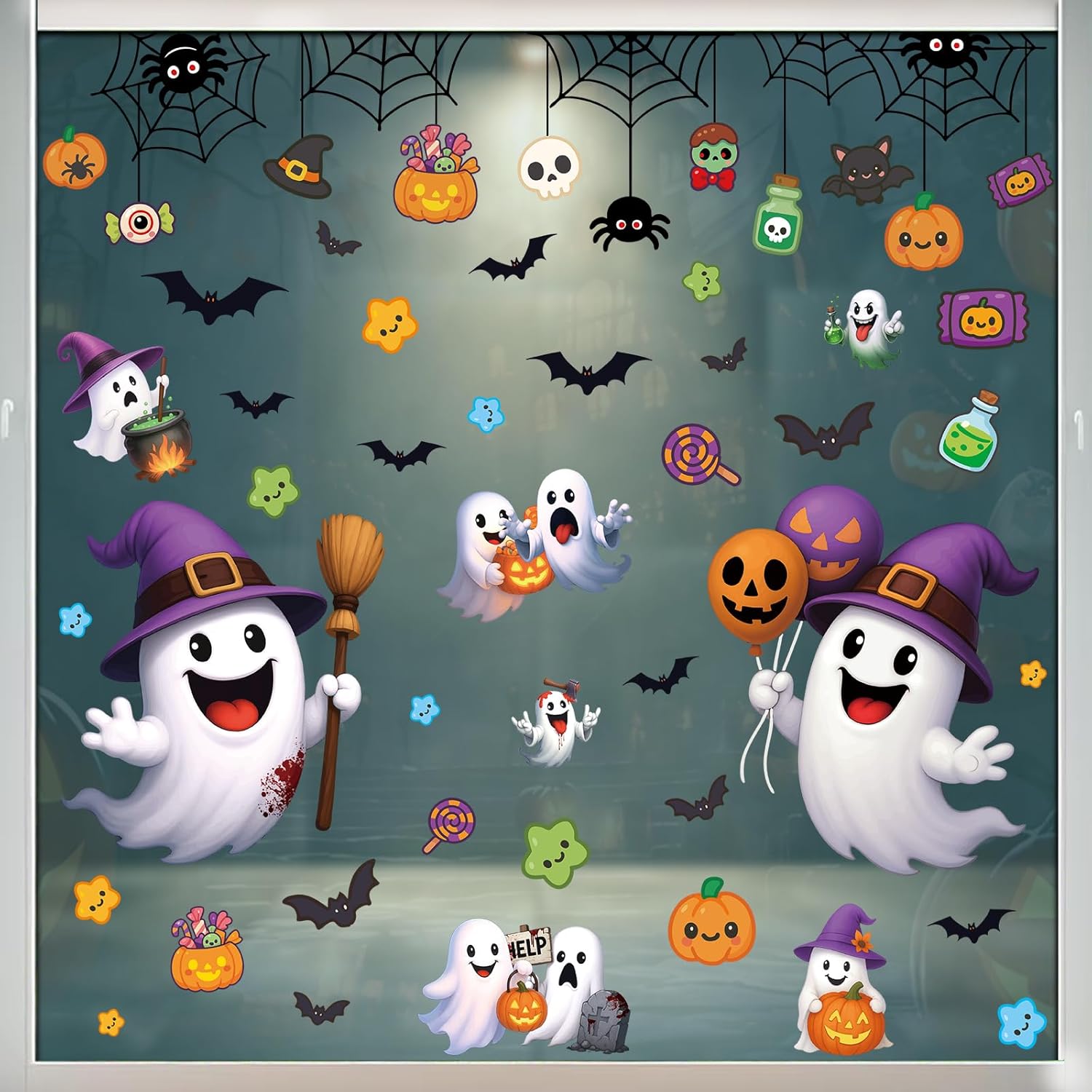 Naklejki na okna na Halloween, urocze i straszne wzory z kreskówek, naklejki samoprzylepne, odpowiednie na imprezy z duchami, na okna domów