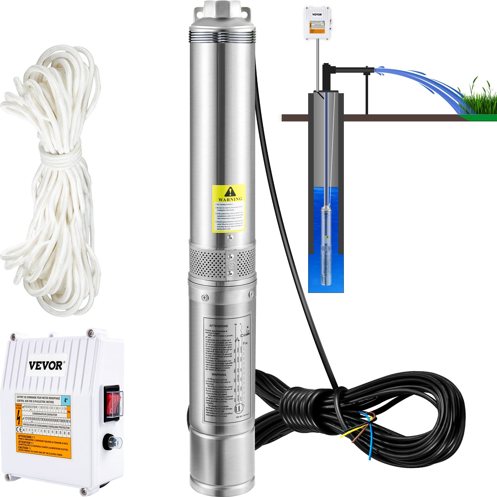 Pompa do Studni Głębinowych 370W230V50Hz Pompa Studni 110L/min Pompa Głębinowa Maks Wys Dostawy44m Pompa Rurowa 10,2cm ze Stali Nierdzewnej Pomp VEVOR