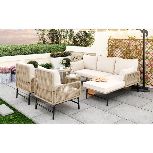 Set lounge de jardin avec structure en fer et cordage tressé, 2 fauteuils, 2 canapés 2 places, 2 tables, tous coussins inclus - 4