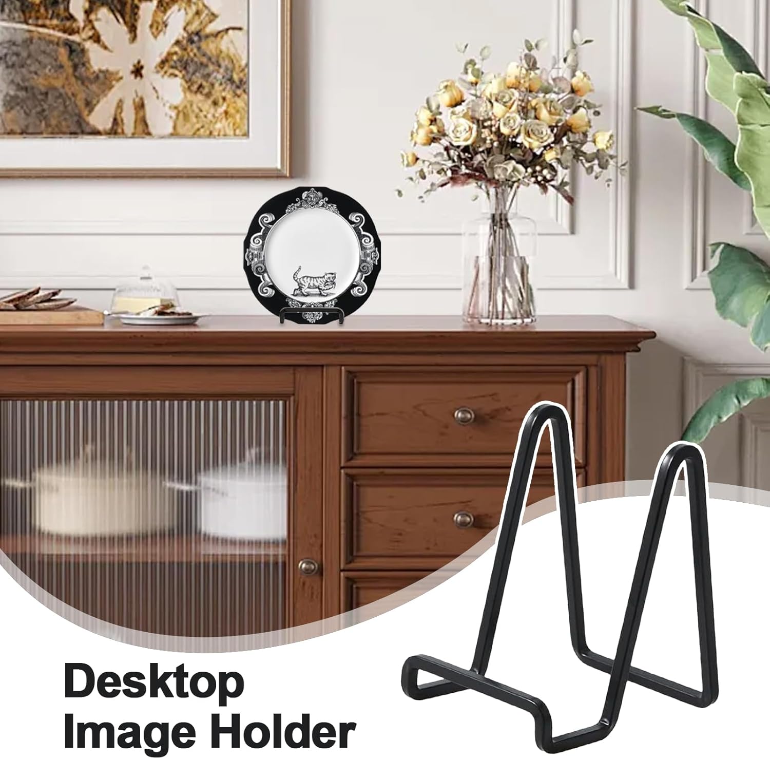 Support Pour Assiettes Métal Noir 4 Pièces - Chevalet Présentoir Porte Assiette 11cm, Cadre Photo Et Livre