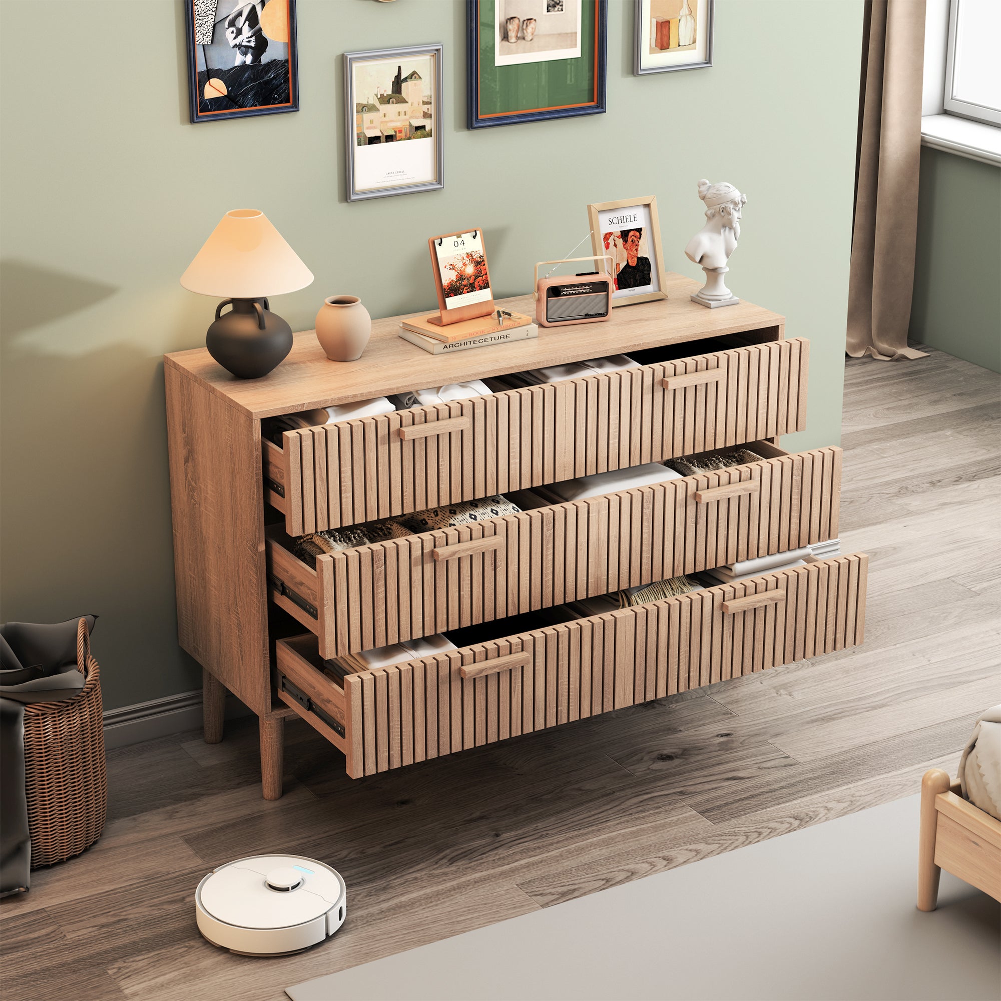 Commode 6 tiroirs en bois naturel, design moderne et minimaliste, grande capacité de rangement, structure robuste et stable pour chambre ou salon - 7