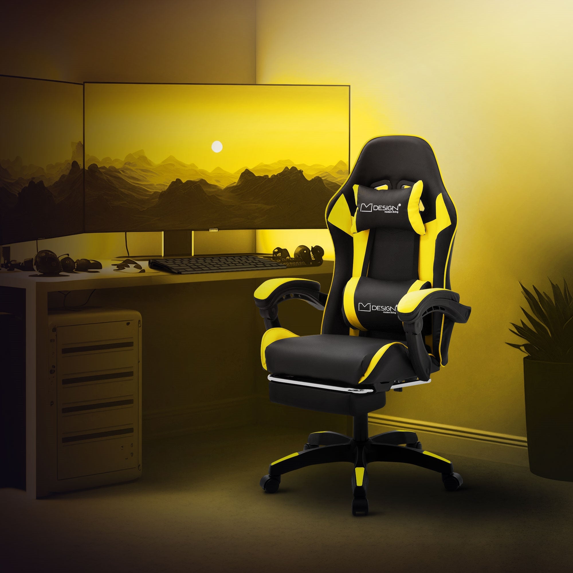 ML-Design fotel gamingowy ergonomiczny dla graczy czarno-zólty obrotowy regulowany z podnóżkiem podłokietnik zagłówek poduszka lędźwiowa biurowy