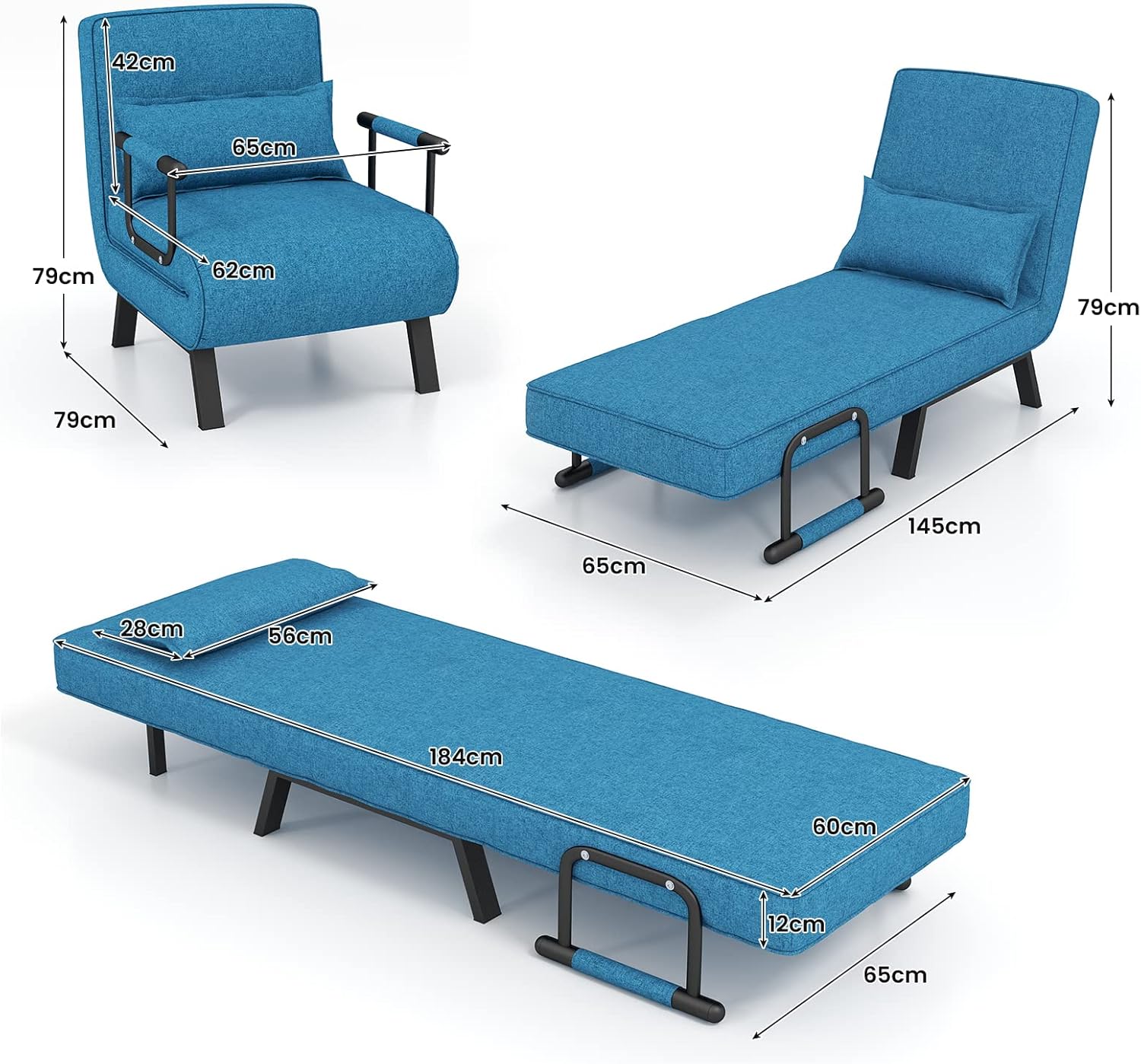 4 in 1 Poltrona Letto Singolo, Poltroncina Pieghevole con Schienale Regolabile in 6 Posizioni, Sedile Imbottito Robusto, Divano Letto per Casa - 2