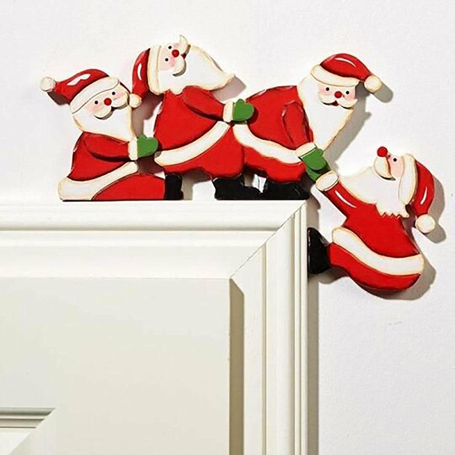 Décoration Cadre De Porte Père Noël En Bois - Double Face, 18x9 Cm - Adhésif Inclus Pour Fenêtre, Cheminée, Frigo