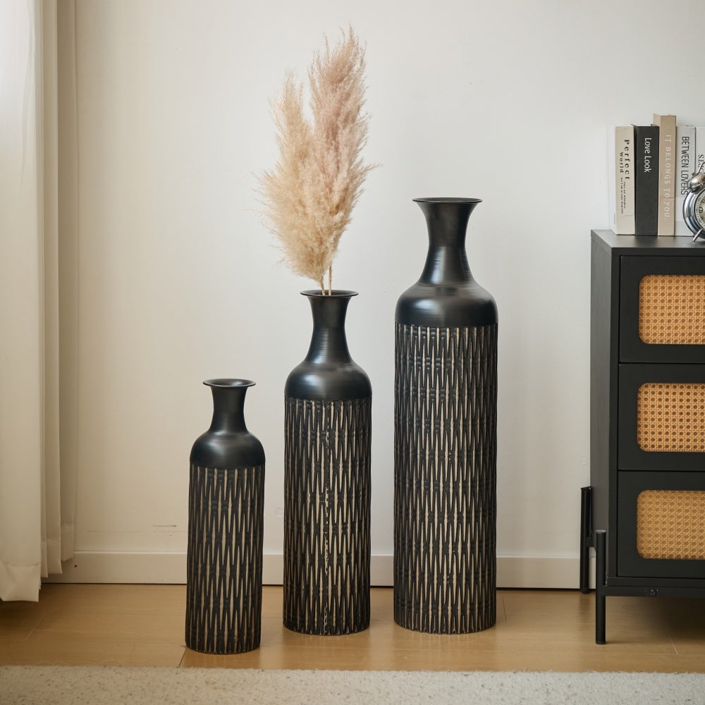 Lot de 3 Grands Vases de Sol Cache-Pot Industriel Rainuré 50/66/83 cm Métal Noir - 3