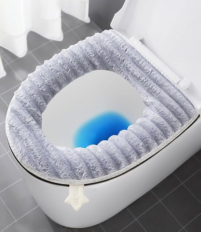 Szare, 2-pakowe, grubsze, miękkie pokrowce na deskę sedesową do łazienki, zmywalne, ciepłe, z zamkiem błyskawicznym i uchwytem, kompatybilne