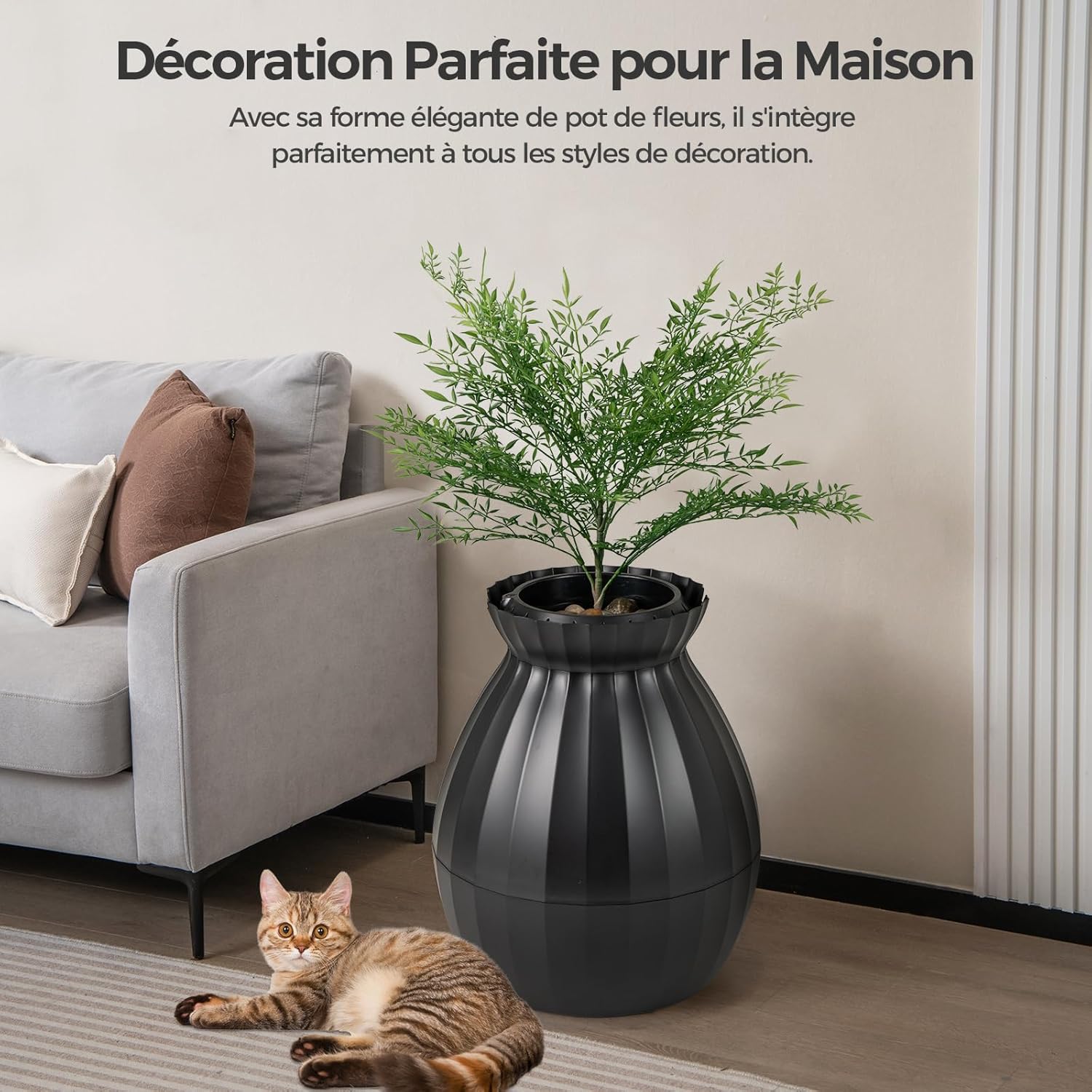 Bac Litiere pour Chat XXL avec Désodorisation Ionique, Grande Caisse Chat Litiere 63L avec Plante Artificielle Verte,Noir - 8