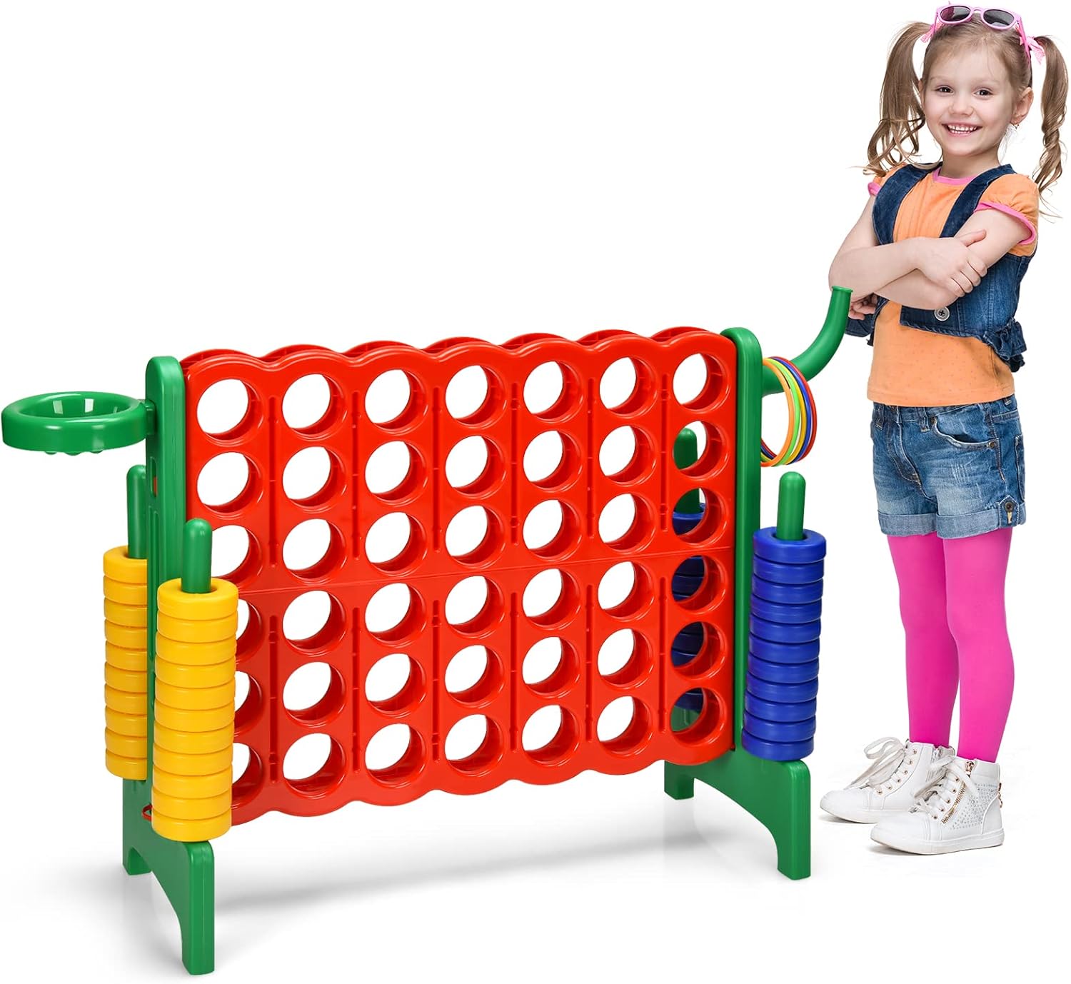 Puissance 4 Géant, Gra Planszowa Puissance 4 z 42 Pierścieniami i Suwakami do Szybkiego Restartu, dla Dzieci 84 x 33 x 79 cm, Zielona