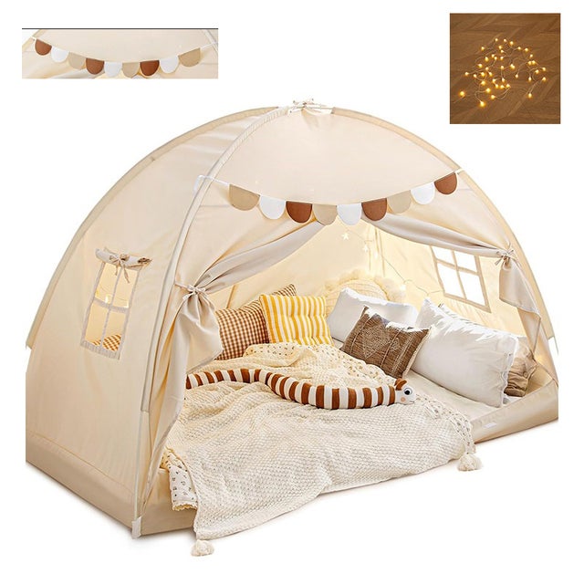 AULEDIO Tente pour lit simple, cabane de jeu d'intérieur pour lits superposés, installation facile, sommeil confortable, beige.