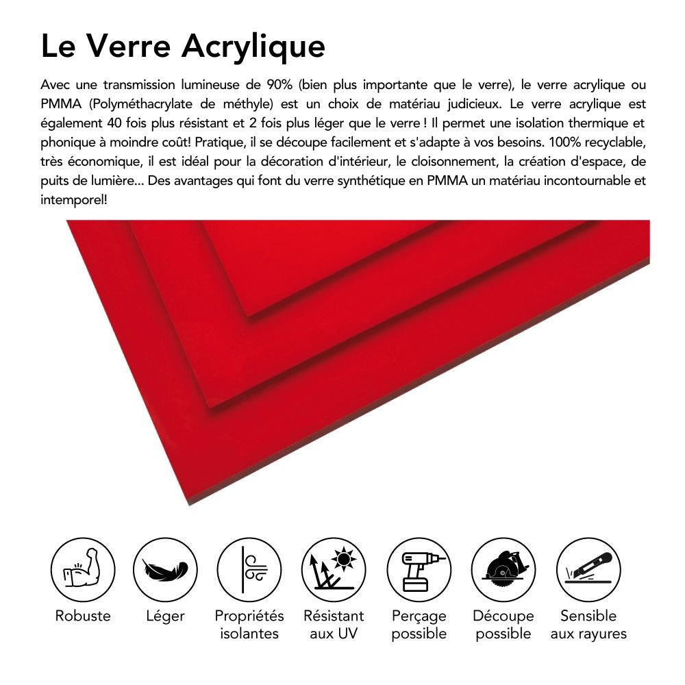 Plaque verre acrylique rouge 3 mm - 50 x 100 cm (500 x 1000 mm) - Verre synthétique - Plaque PMMA XT - 4