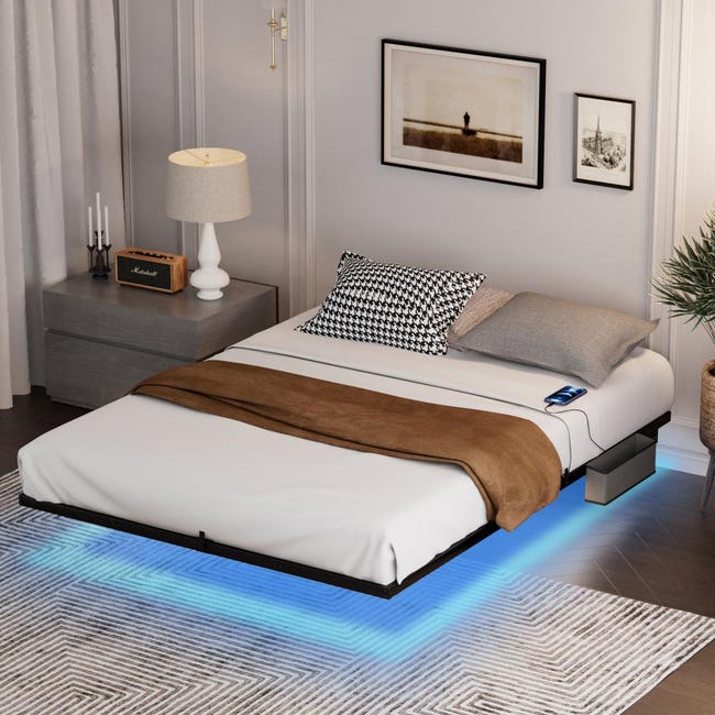Lit Double 140x200 Cm Avec Rangement, LEDs Et Station De Charge - Lit Flottant Moderne, Sommier à Lattes, Blanc