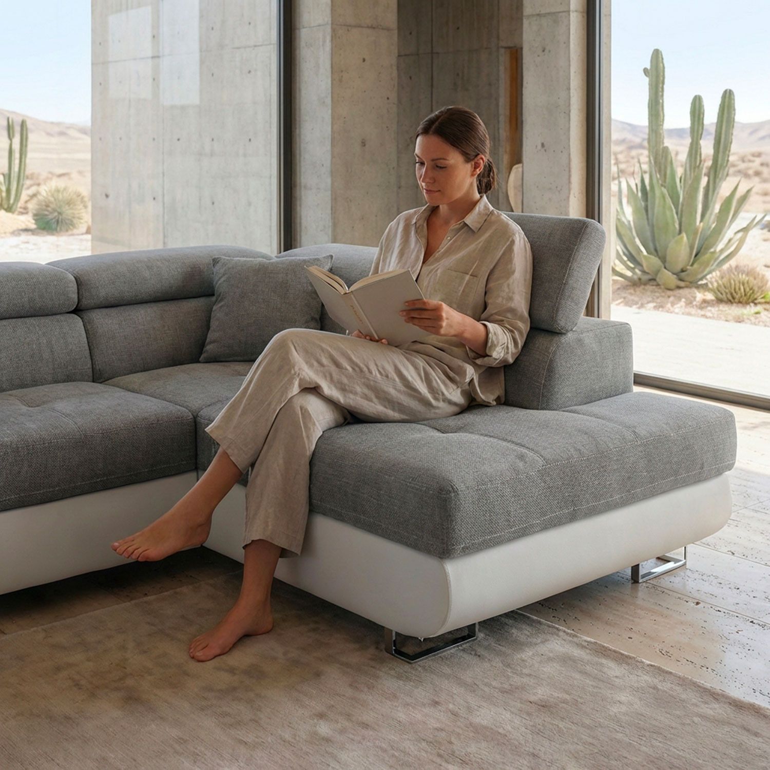 Canapé d'angle convertible Antoni avec têtières relevables angle à droite simili Blanc et tissus Gris clair - 3