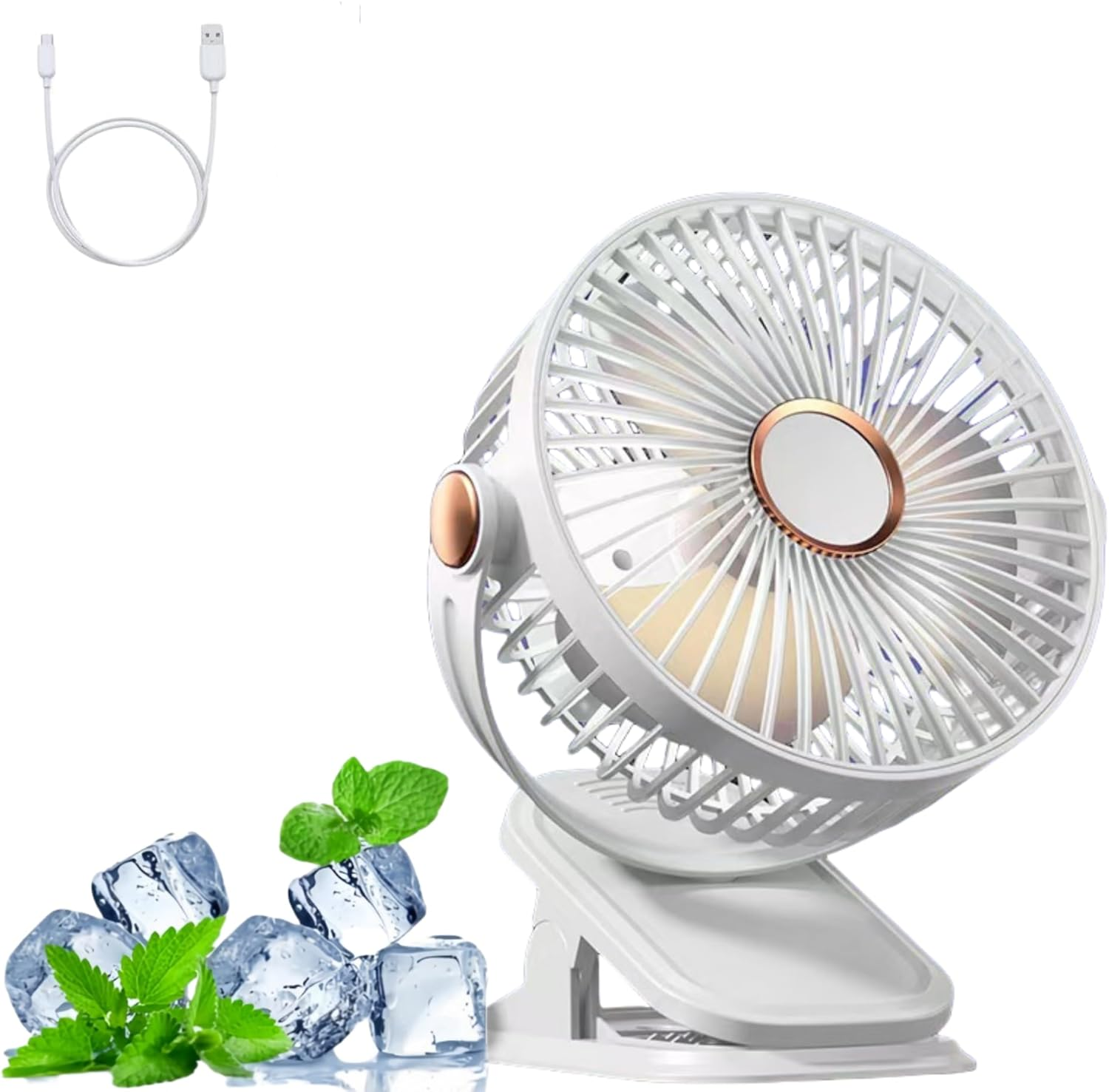 Przenośny wentylator kempingowy z klipsem, 5 prędkości, port USB, lampka nocna, biały, 1200 Ah