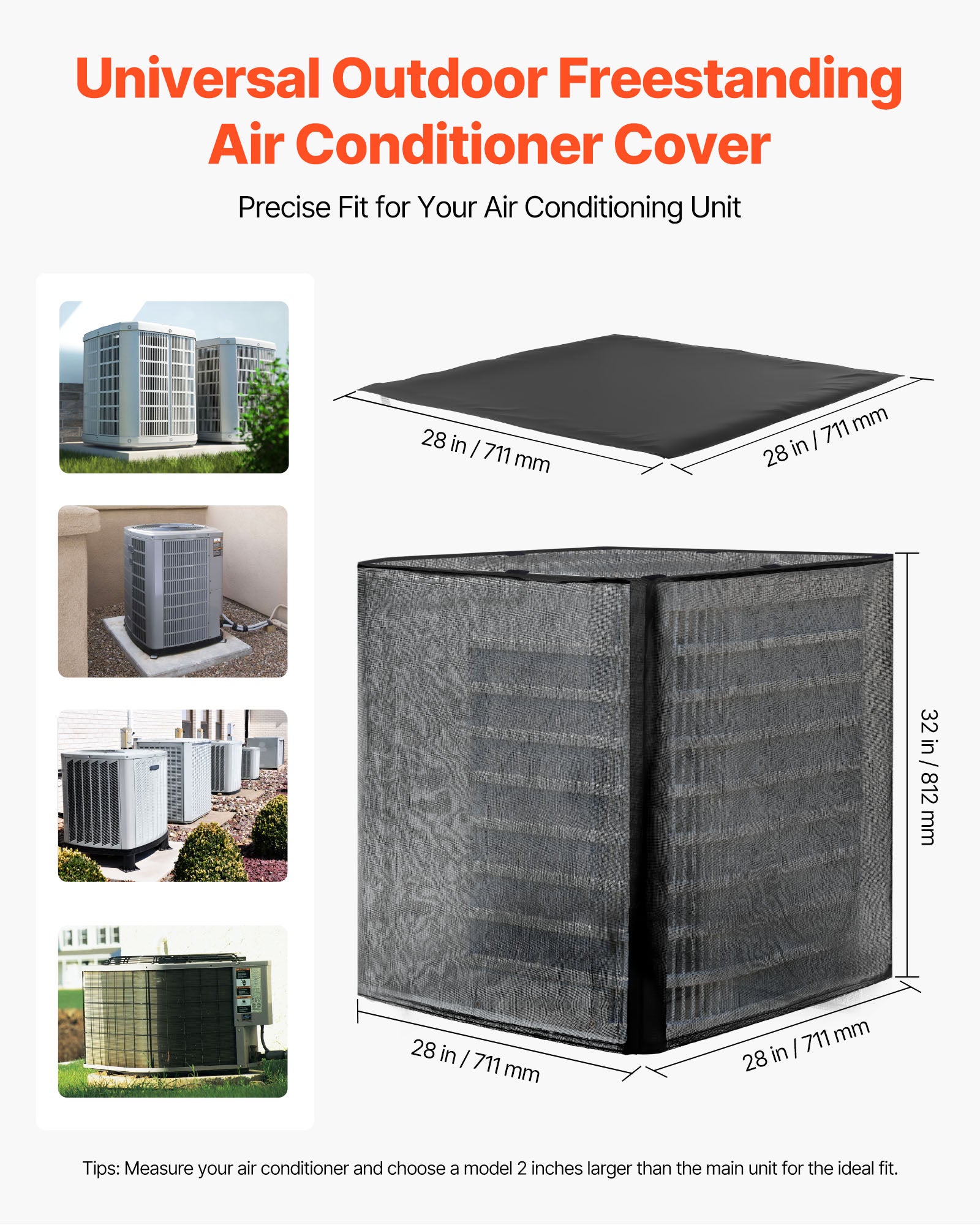Capa ar-condicionado externo VEVOR, 71,1x71,1x81,2 cm, tecido poliéster e malha PVC, topo removível impermeável, tamanho universal - 2