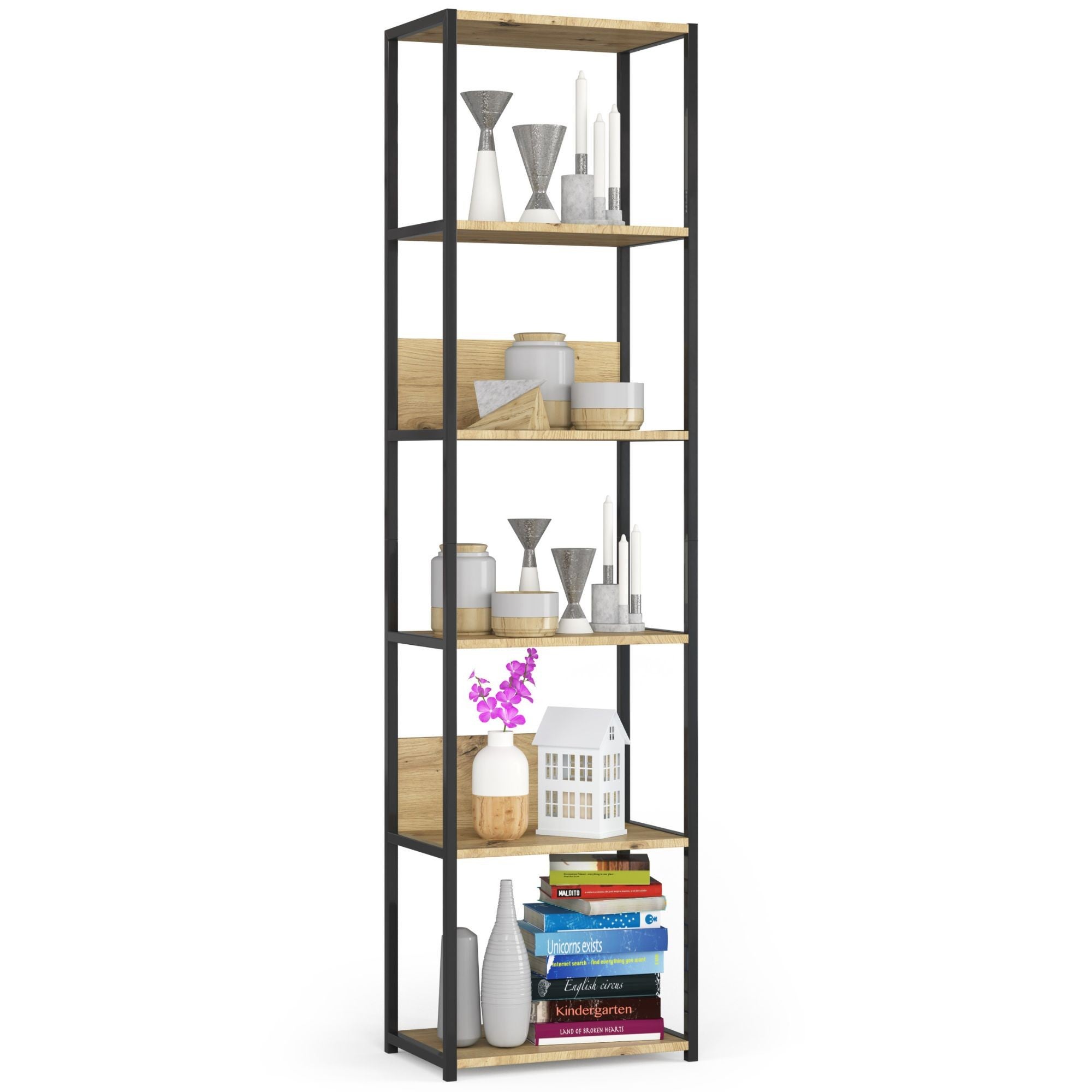 Regał loft AKORD metalowy Czarny 50 cm kolor Dąb Artisan mat 6 półek 50x32x192 cm