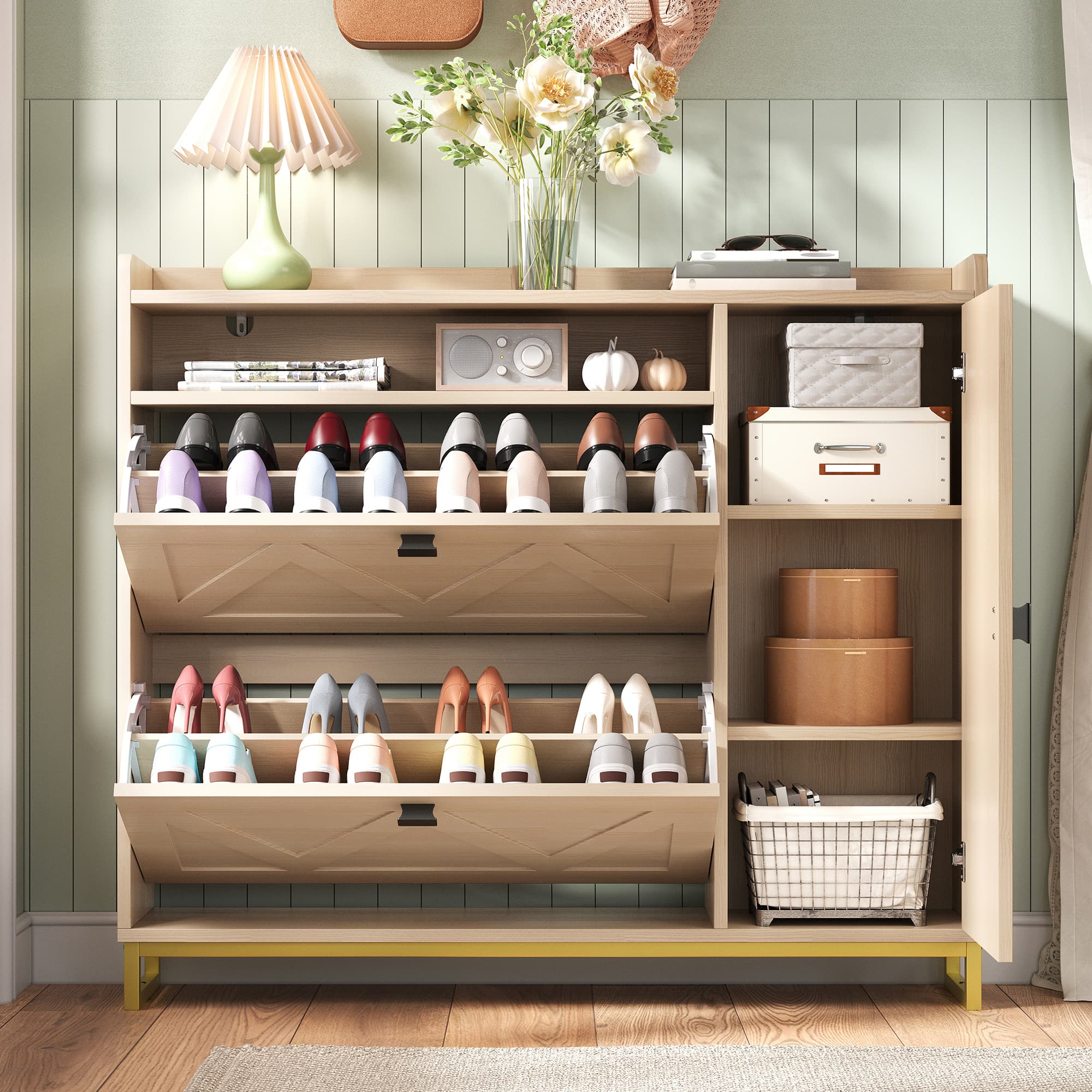 Armoire à Chaussures d'Entrée avec Double Rabat, Armoire Latérale & Portes Géométriques Gaufrées, Cadre Métallique - 8