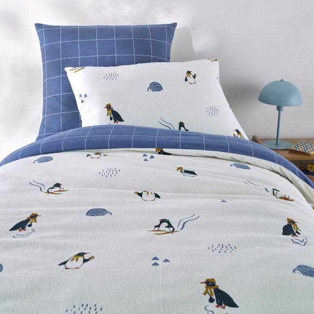 Housse de couette enfant en flanelle, Solven - Blanc/bleu - 140 x 200 cm