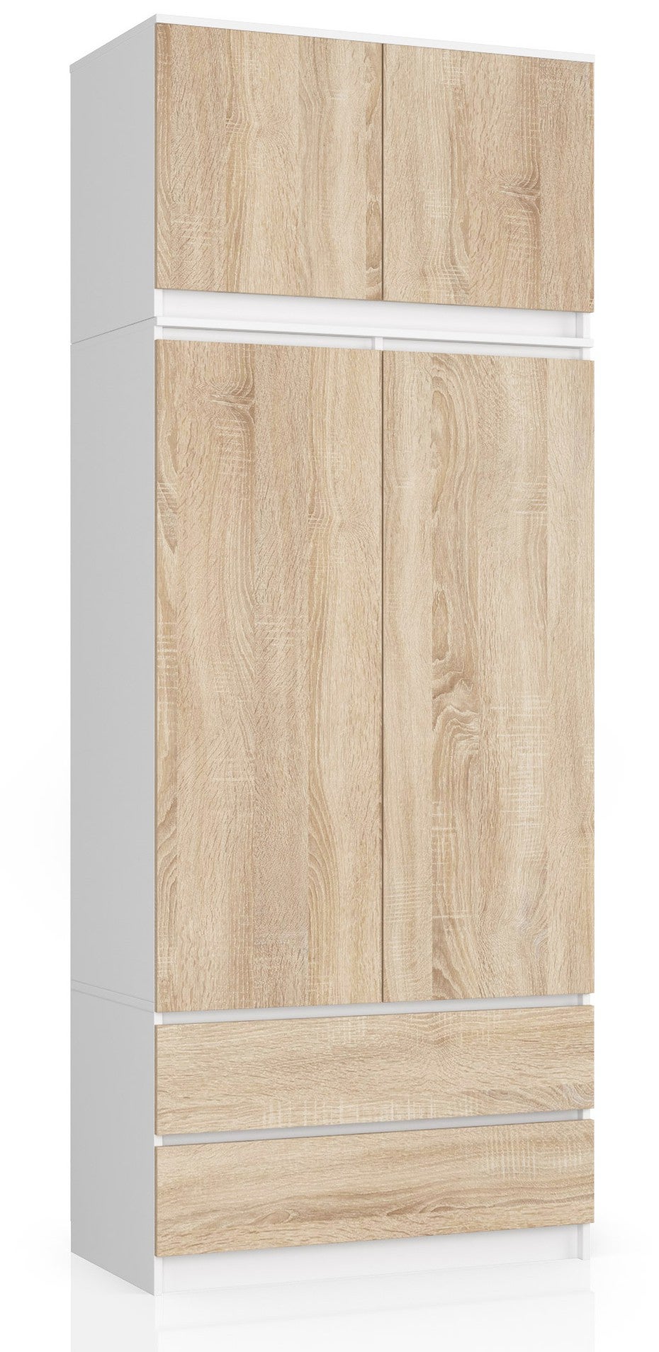 Szafa AKORD S90 z nadstawką Biała 90 cm 2 drzwi 2 szuflady kolor Dąb Sonoma mat 6 półek 90x51x234 cm