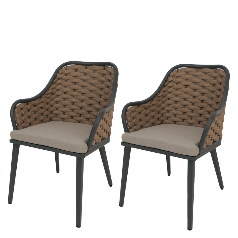 Zestaw 2 aluminiowych krzeseł ogrodowych HWC-O16, krzesło zewnętrzne, splot linowy Olefin (200 g/m²) Rope ~ beżowa poduszka jasnobrązowa