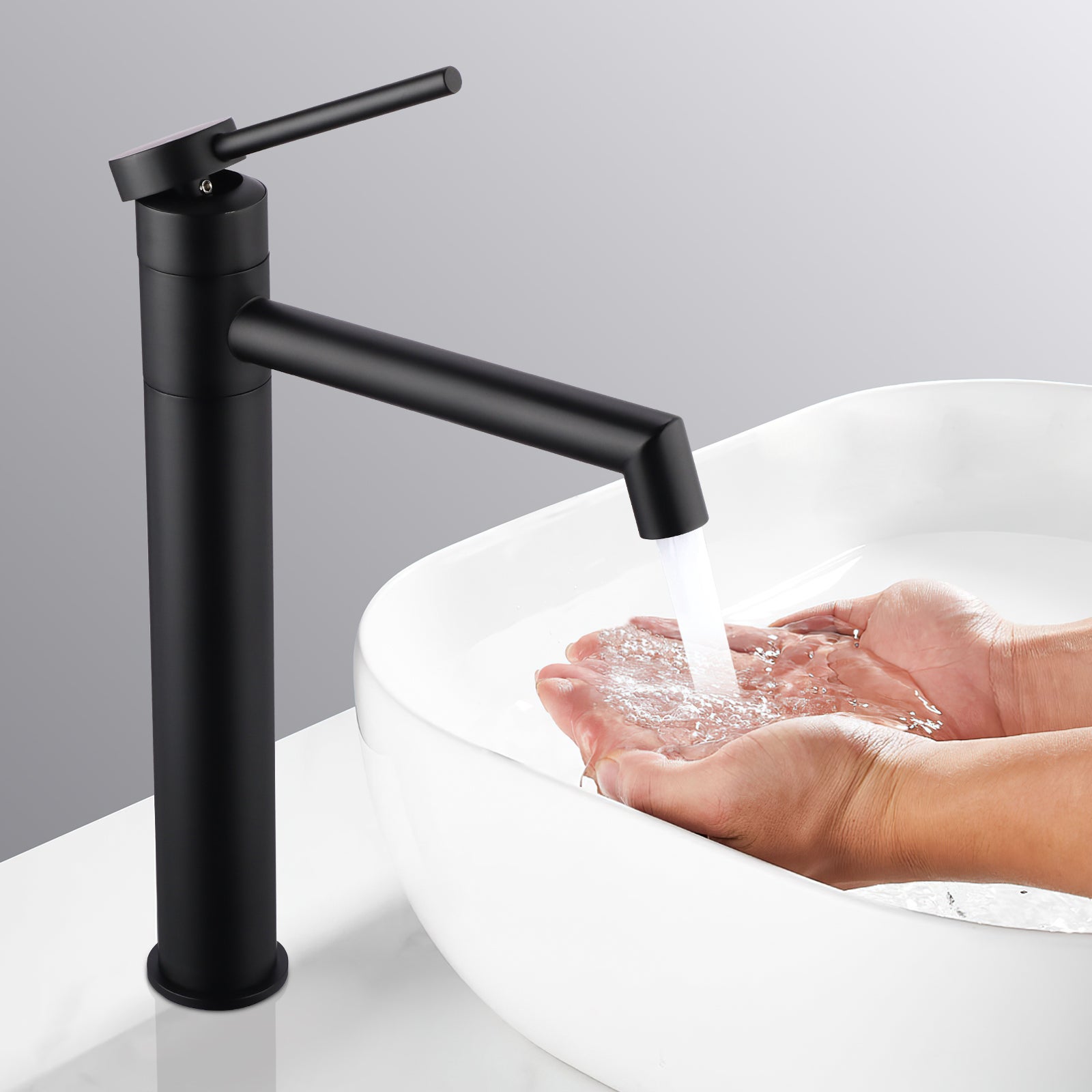 LOVHAUS Czarna Bateria Umywalkowa z Wysokim Wylewką, Bateria Umywalkowa Obrotowa o 360°, Bateria Łazienkowa z Wylewką o Długości 21 cm