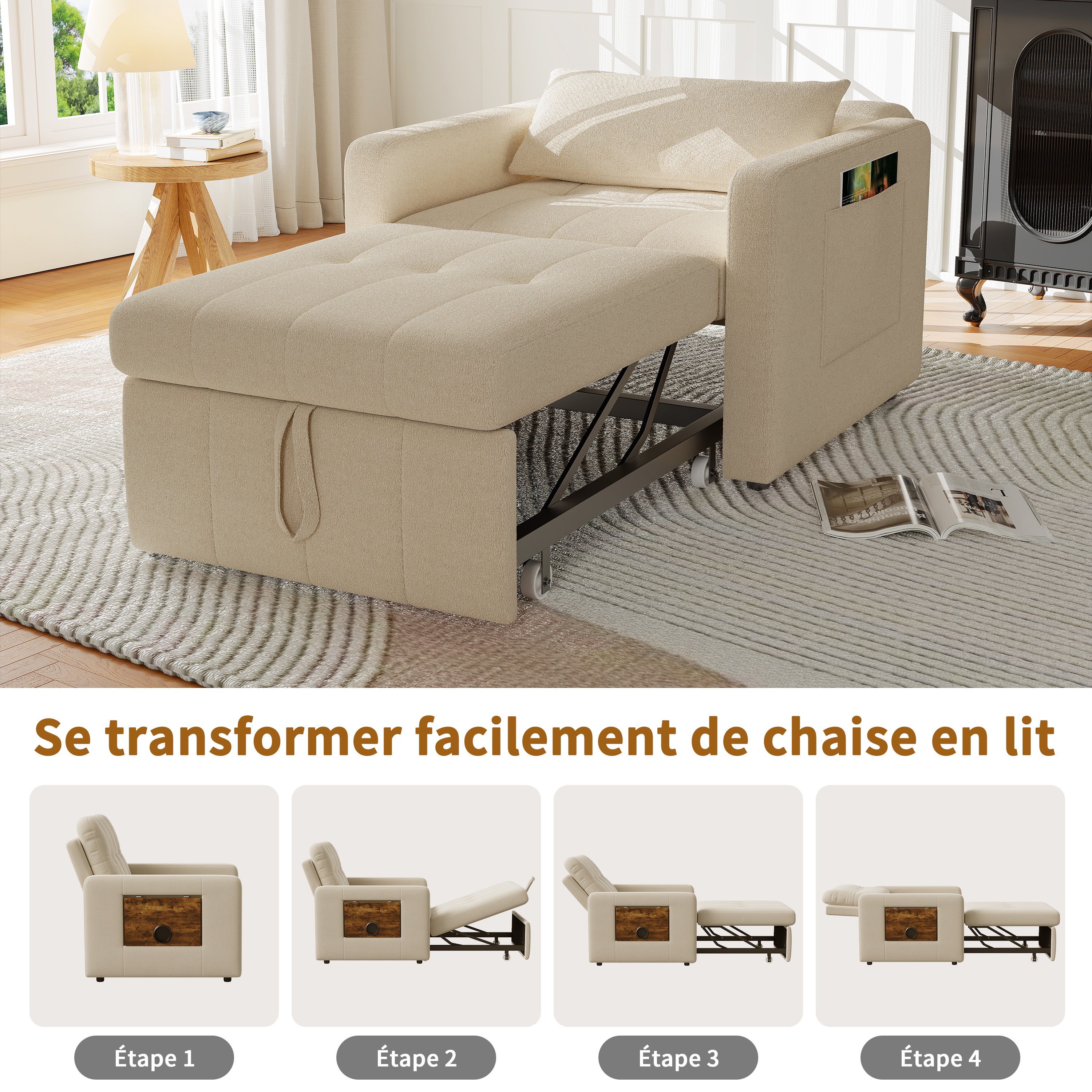 Canapé Lit Convertible 1 Place,3 en 1 Fauteuil Convertible Lit avec Table et Poches,Fauteuil Lit avec Dossier Réglable à 5 Positions,Beige(Chenille) - 8