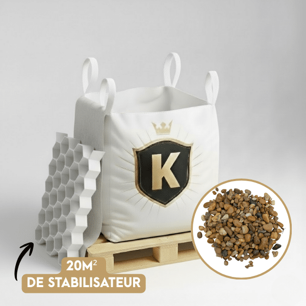 Kit Galets jaune + dalles stabilisatrices = 1 Big Bag galet Bellegarde 10/16 1,5T [environ 20m2] + 20m2 dalles stabilisatrices blanches
