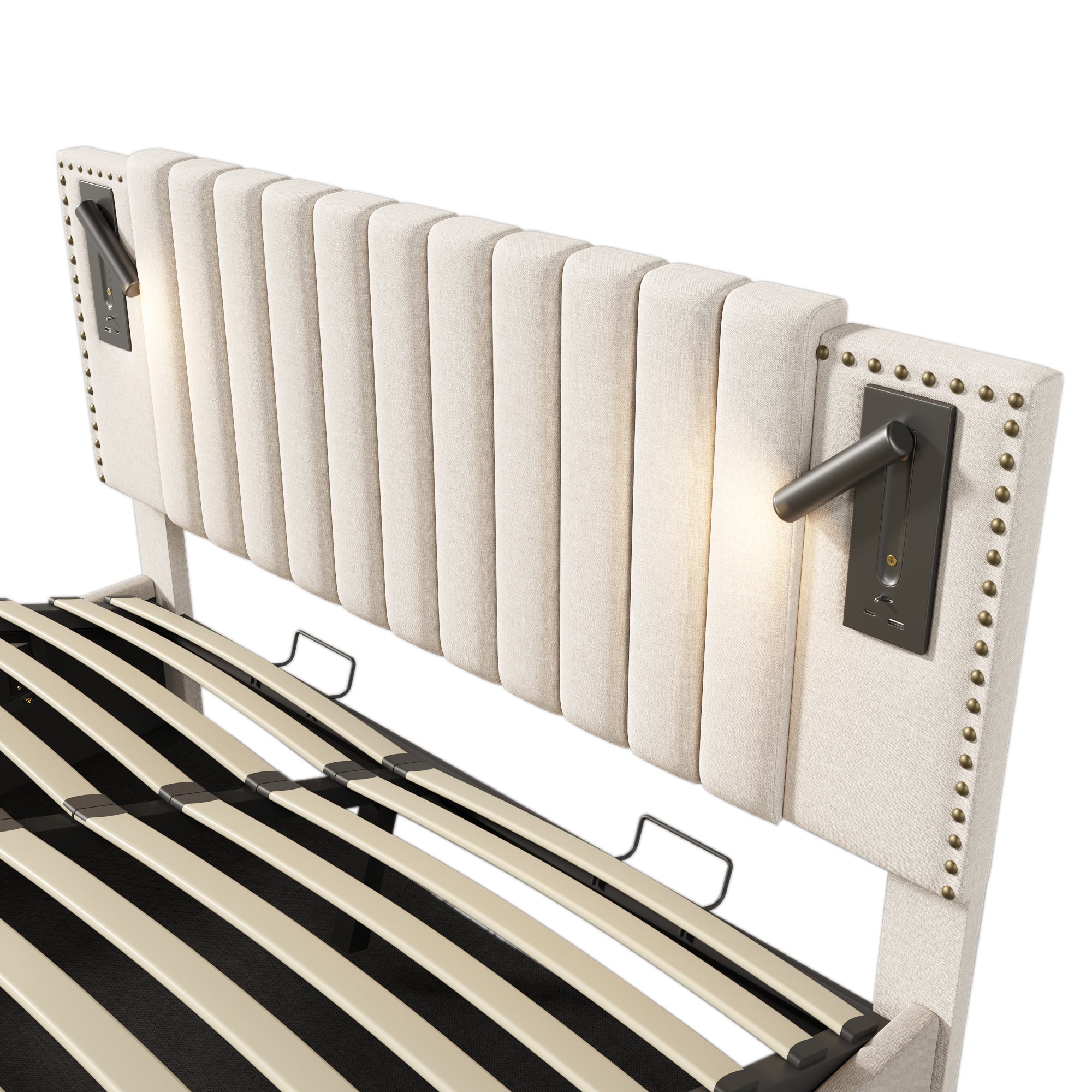 Cama contenedor de tela de algodón 160x200 cm - con luces de lectura y puertos de carga USB - con somier - Beige - 6