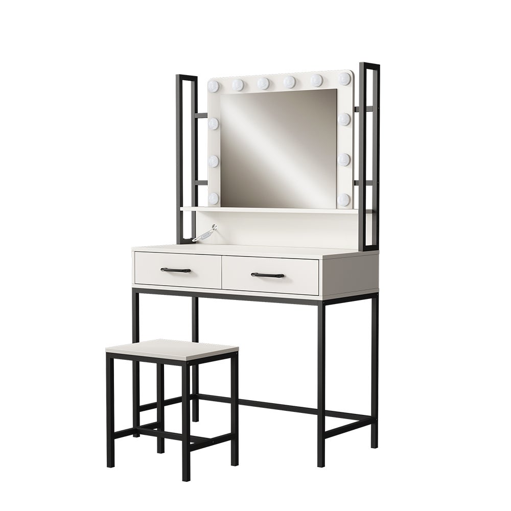 Coiffeuse Lilli Avec éclairage LED Et Tabouret - Blanc Brillant, Dimensions 190x90x39 Cm, Avec Commodes Et Tiroirs, Meuble De Salle De Bain