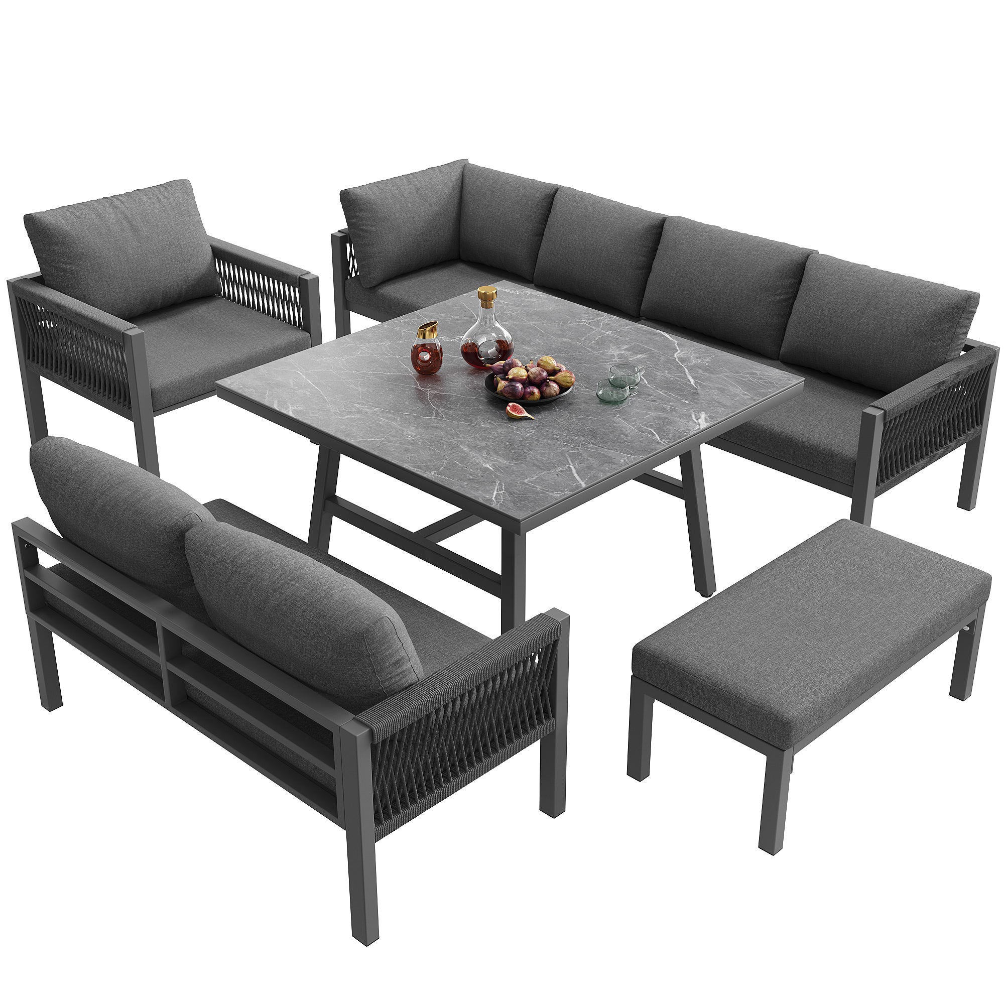 Conjunto Jardín Exterior de Trenzado a mano 9 Plazas Set Jardín en Forma de L con Sofá de Esquina+1 Mesa de Cristal Marmolado+1 Sillón+ 1 Banco - Gris - 7