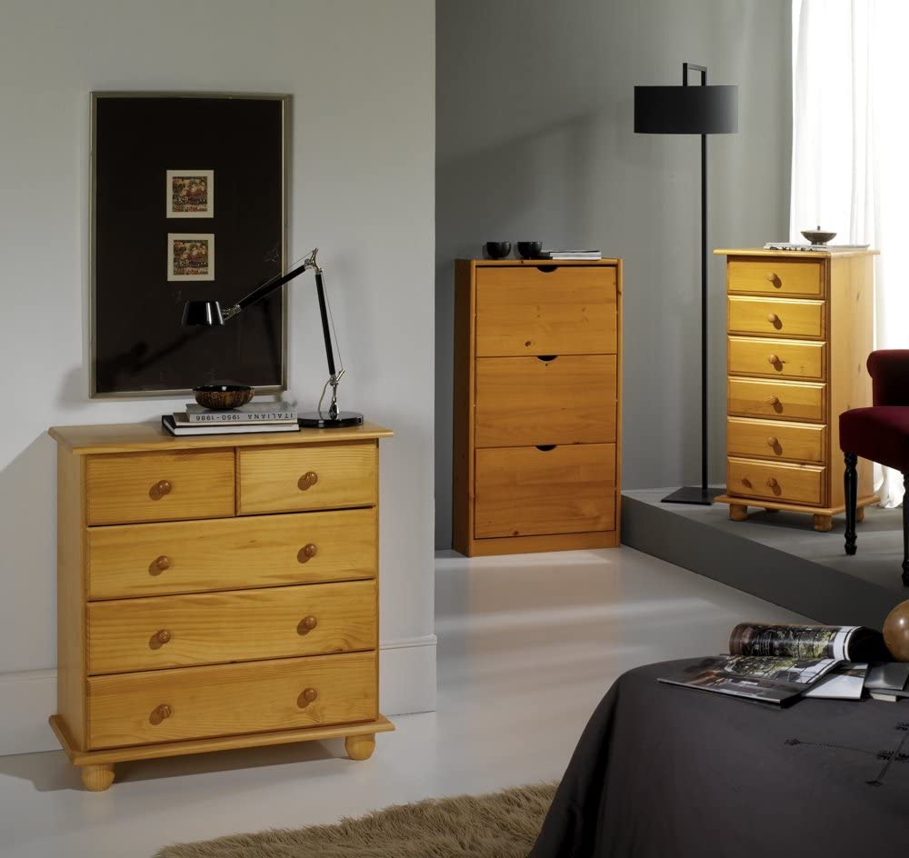 commode 5 tiroirs, pin massif , couleur miel, mesure 81x78x39 cm (hauteur-largeur-profondeur) - 3