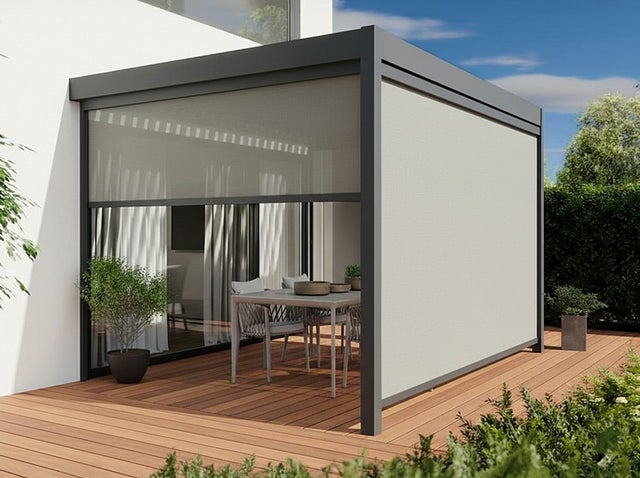 Pergola Bioclimatique Aluminium Adossée 12m2 - 3x4m - Deux Stores Inclus - Anthracite - 29 Lames en Acier galvanisé - Inclinable à 90° - ZENITH