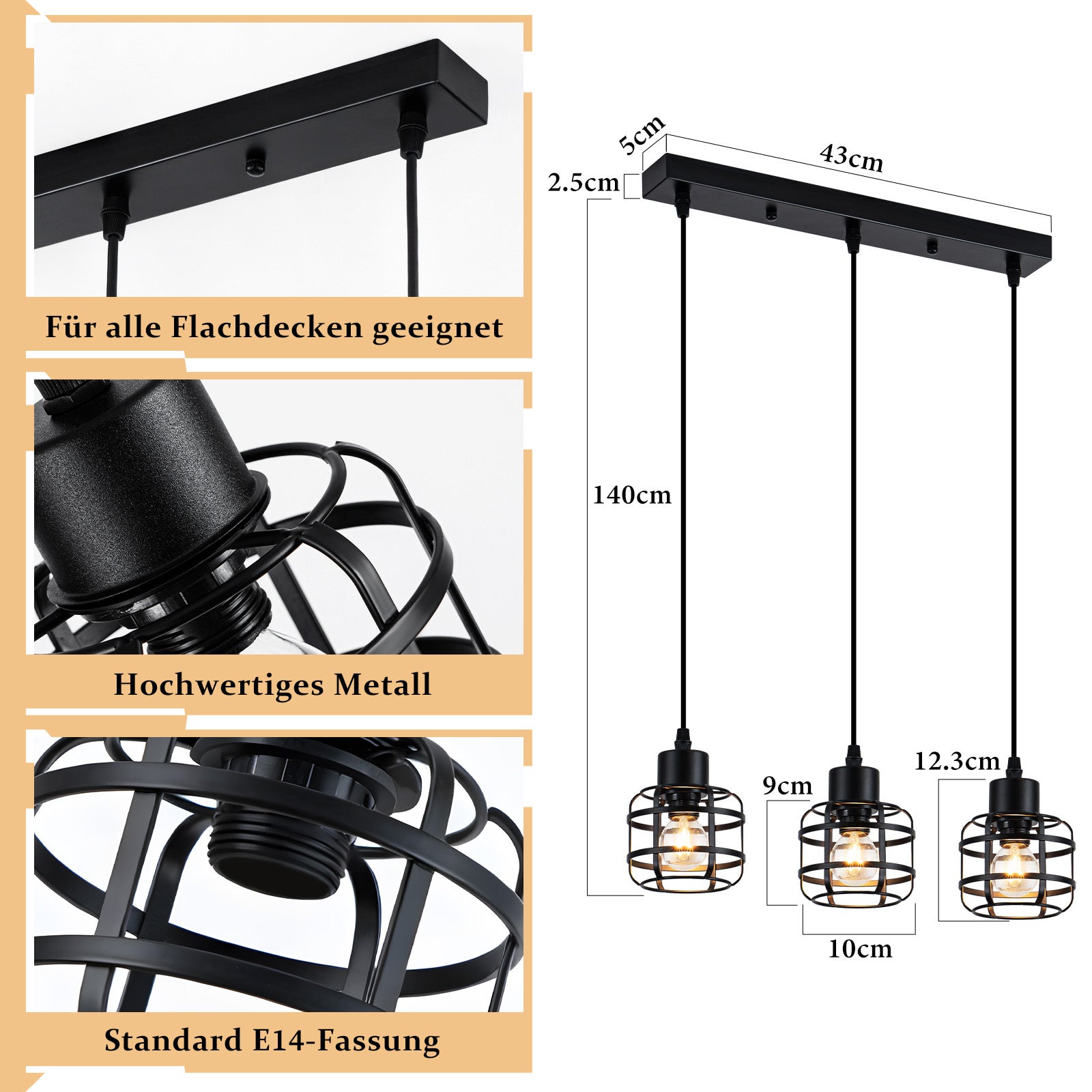 ZMH Lampa wisząca z metalu w stylu vintage, 3 żarówki, gniazdo E14, kolor czarny, regulowana wysokość, żarówka nie jest dołączona - 2