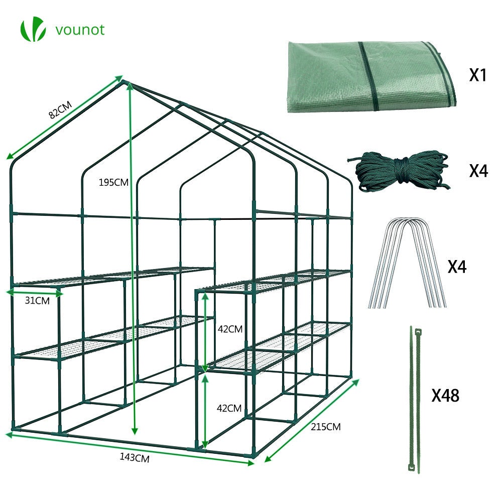 Serre de jardin avec étagères 143x215x195cm vert - bâche renforcée 135g/m², fenêtre moustiquaire, porte enroulable zippée - VOUNOT® - 6