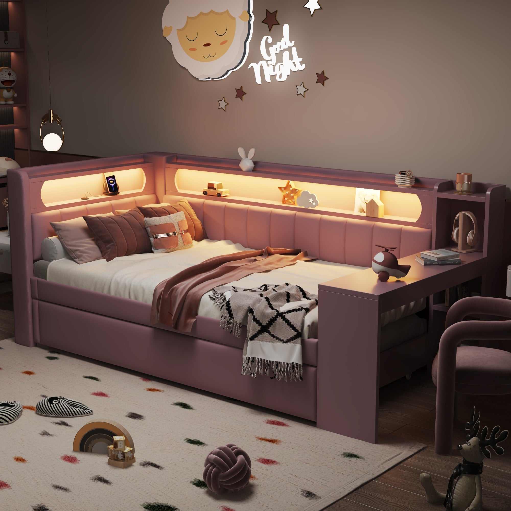Łóżko wysuwane 90 x 200 cm z biurkiem, 2 szufladami i przegródkami - MDF + sklejka + tkanina lniana - port USB i diody LED - różowe (bez materaca)